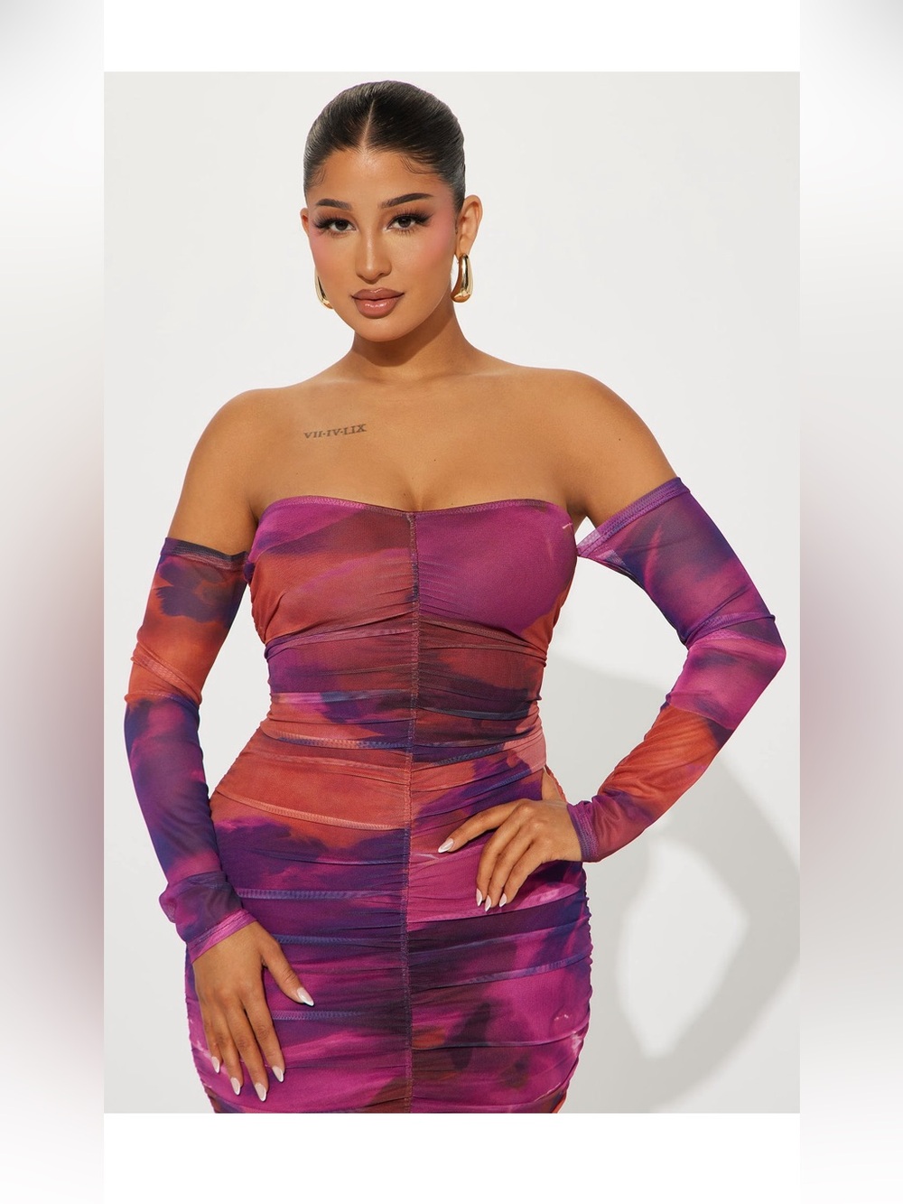 Off-Shoulder Ruched Midi Dress in Purple & Orange - Picture 2 of 7